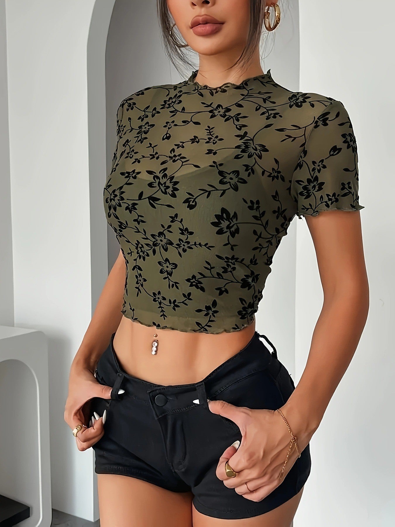 Women's Autumn Elegant Veet Printed Transparent Mesh Tops
