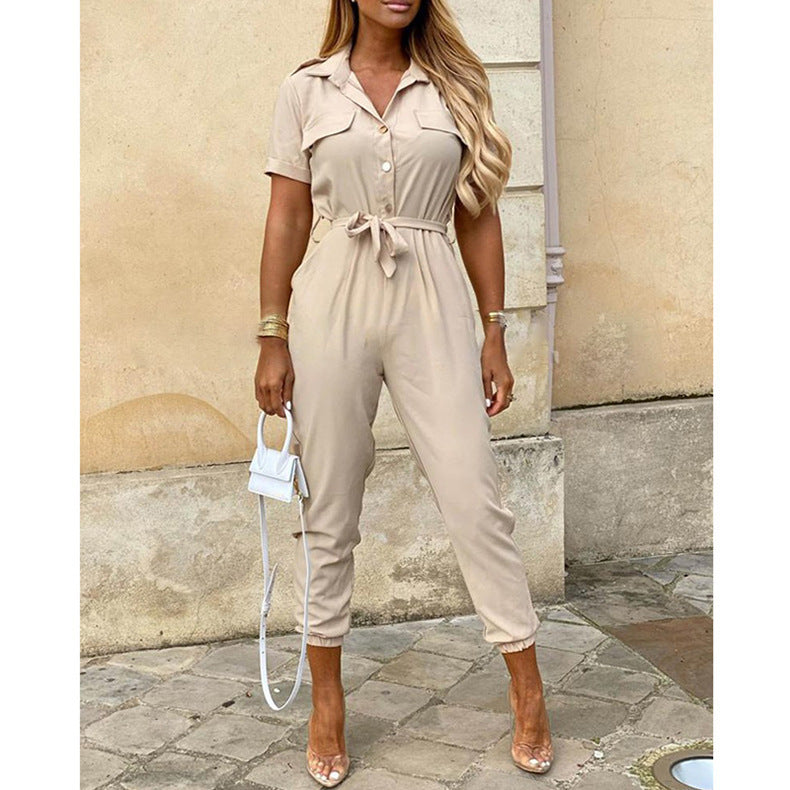 Women's Summer Trousers Lapel Button Printed Belt Casual Pants