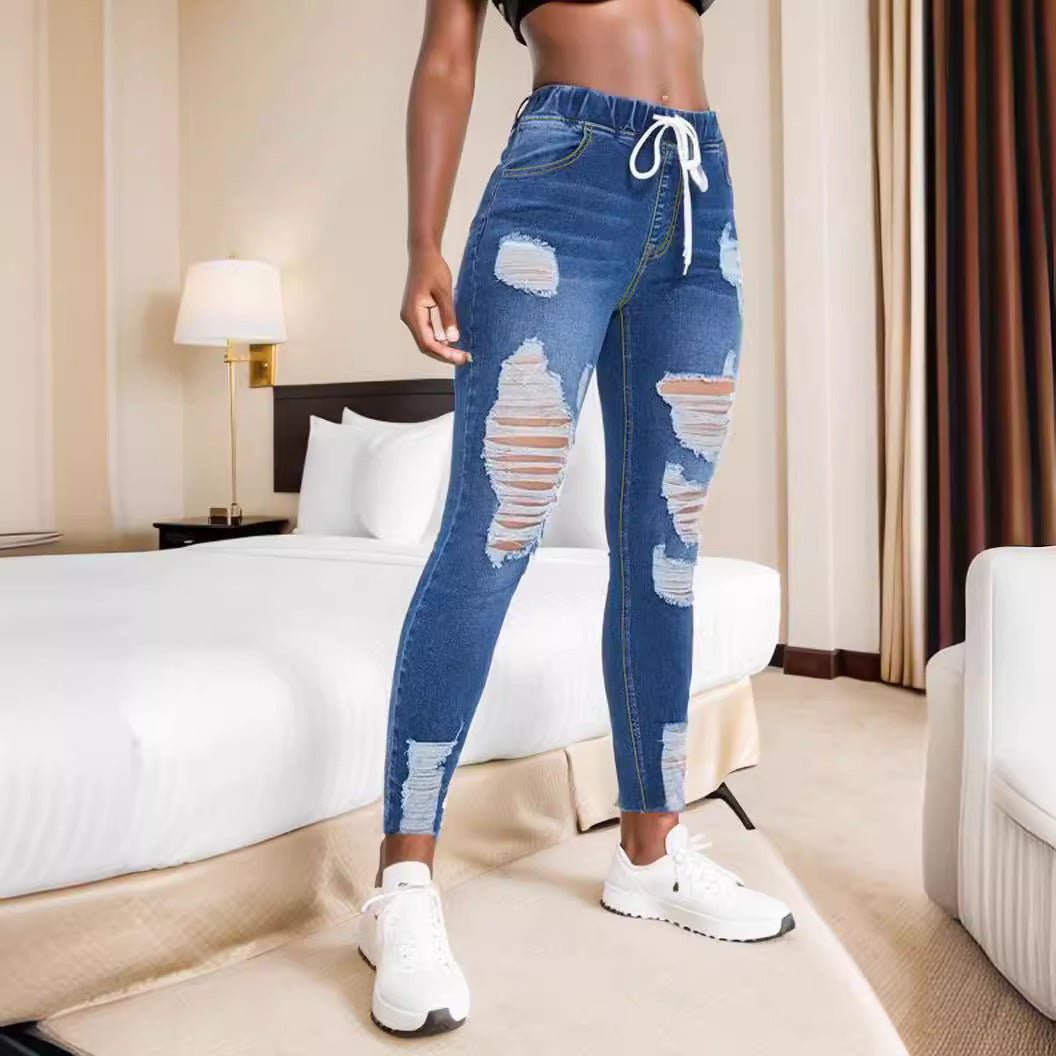 Women's Elastic Waist Stretch Ripped For Skinny Women's Jeans