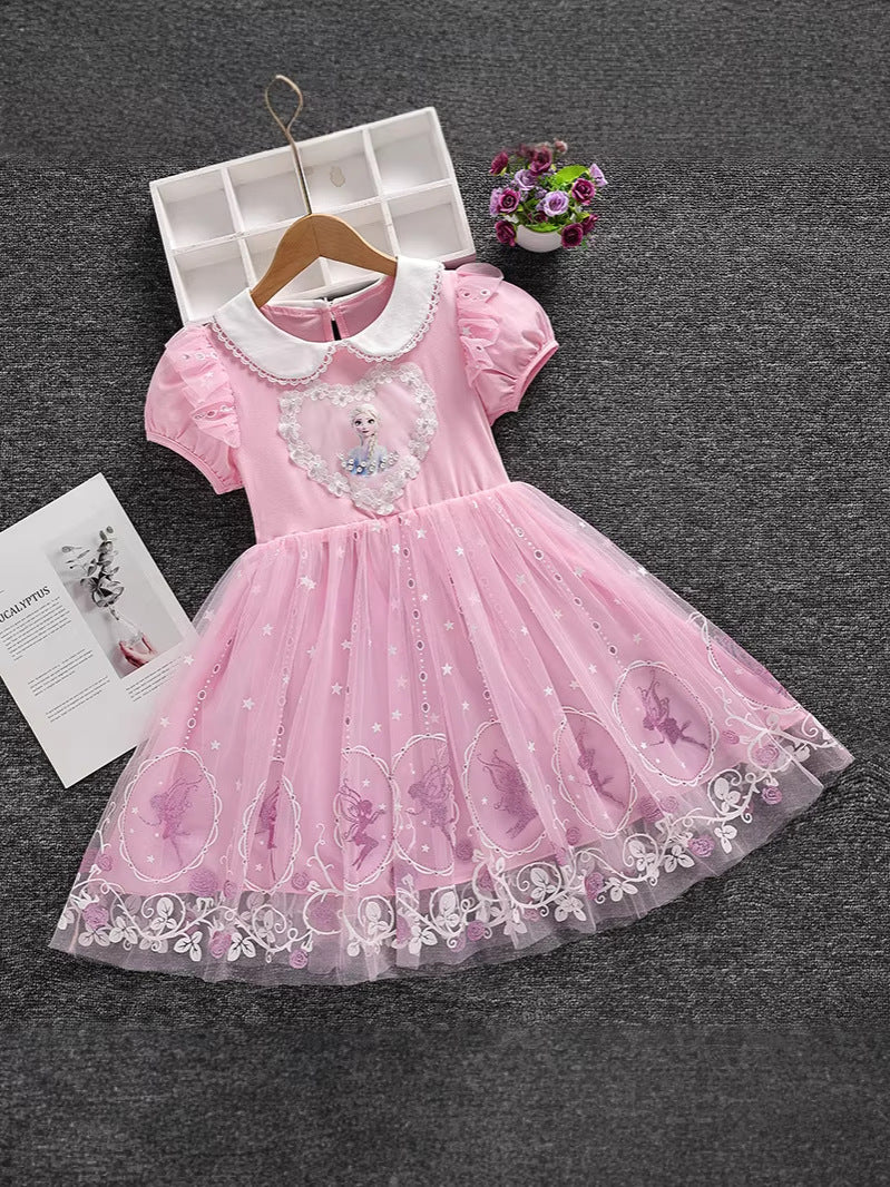Frozen Elsa Summer Princess Skirt Short-sleeved Cotton Lace Children's Dress