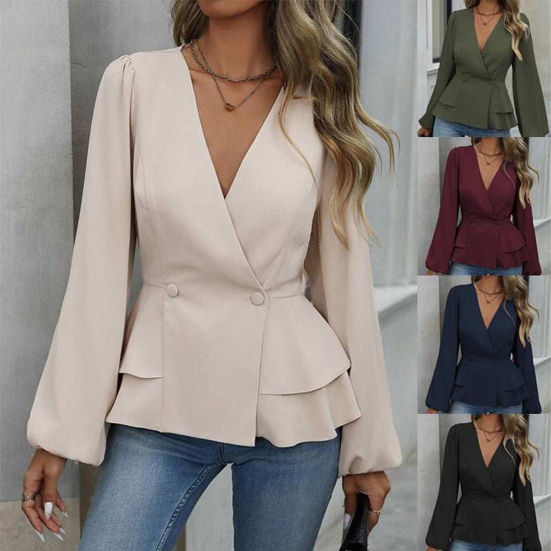 Women's American Style Gentle Autumn East Design Solid Color Fashion Stitching Blouse