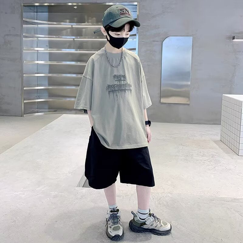Children's Trendy Short-sleeved Summer Thin Two-piece Medium Big Handsome Children's Suit