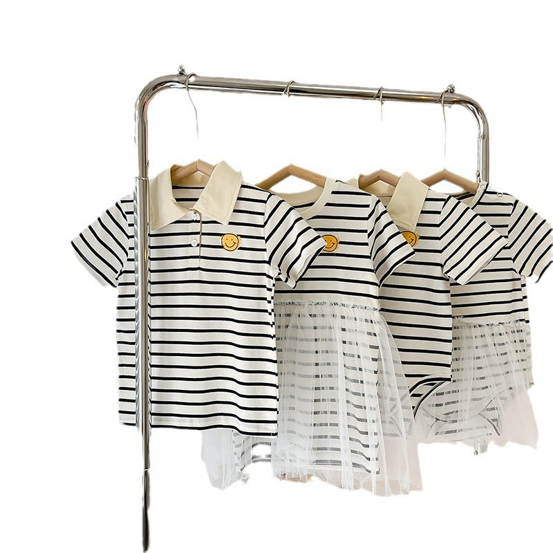Clothes Summer Family Of Matching Striped Smiley Face Portrait Short Parent-child Outfit