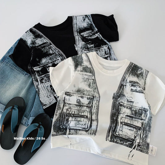 Children's Short-sleeved Summer Handsome Print Fake Two-piece Class Children's T-shirt