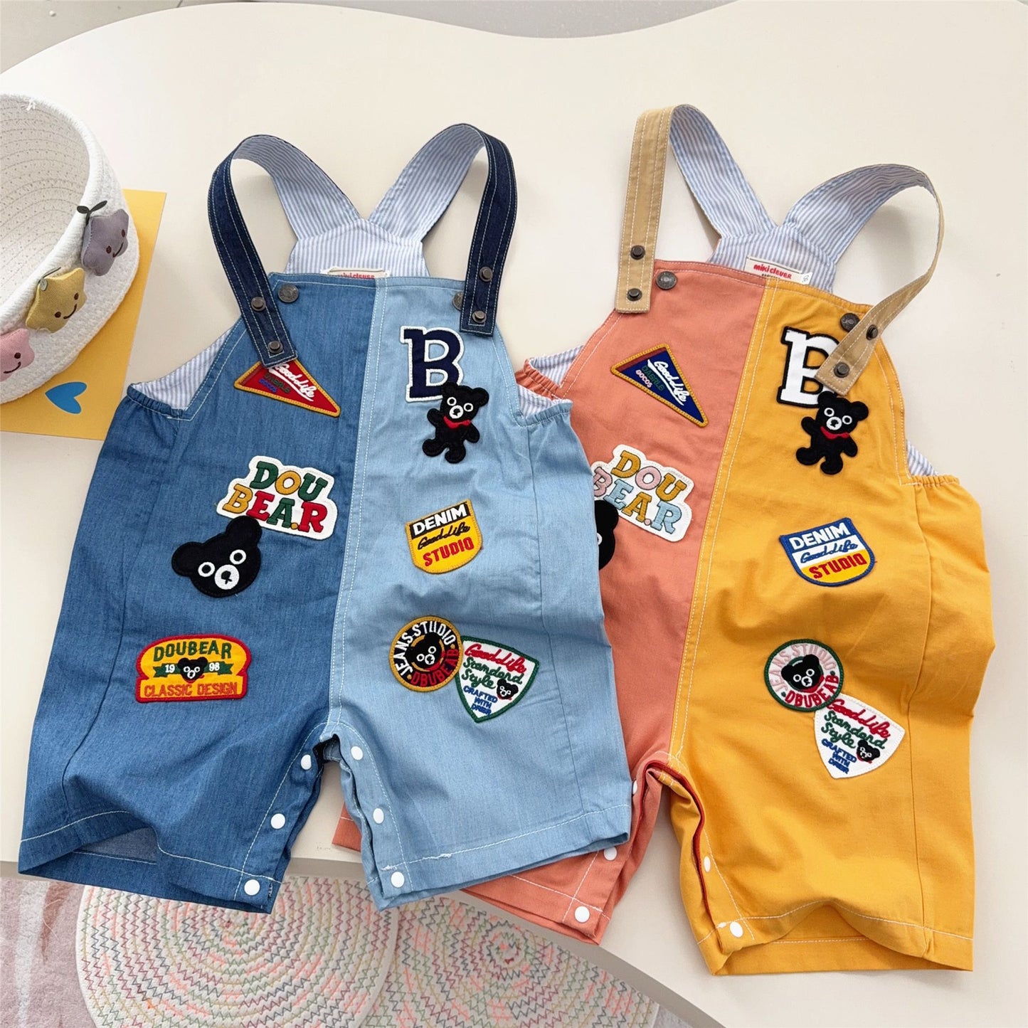 Children's Clothing Summer Cartoon Black Bear Letter Patch Stitching Suspender Children's Pants