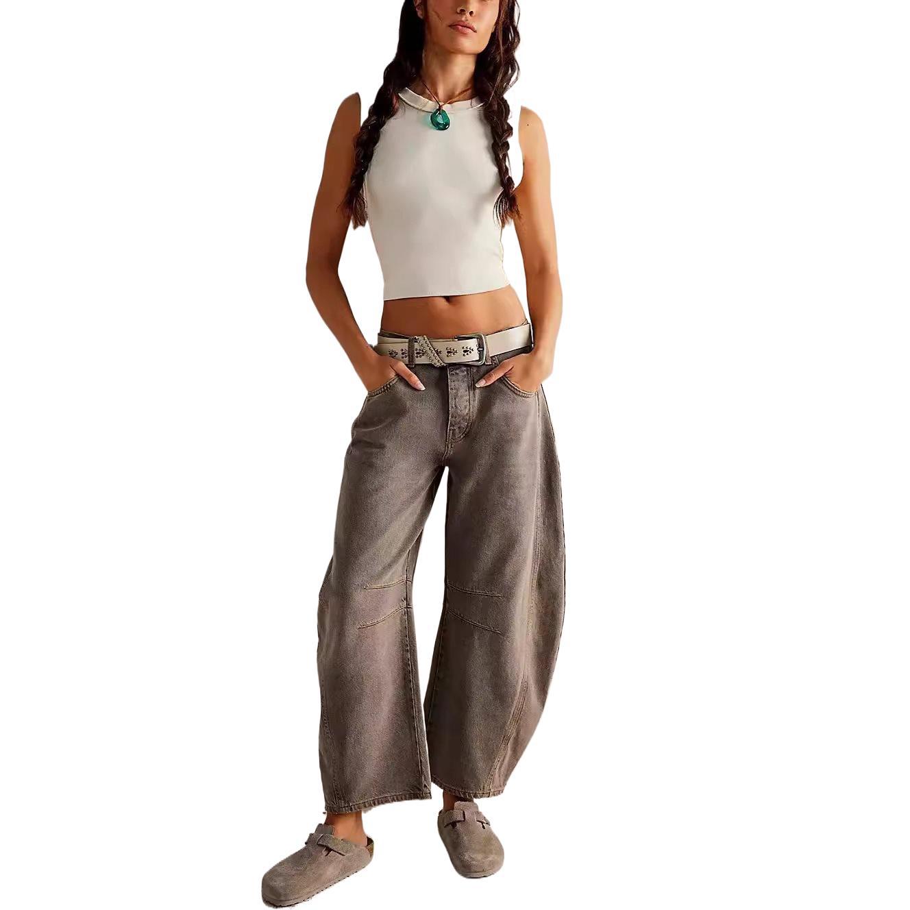 Women's Loose Waist Washed Denim Dark Blue Jeans