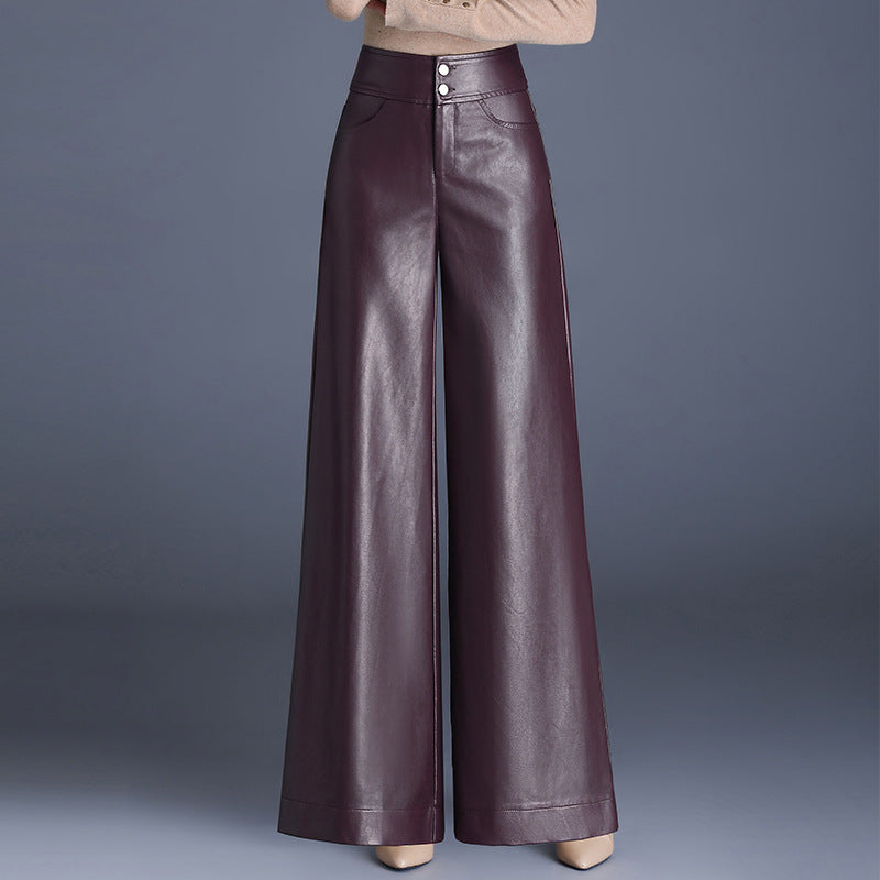 Women's Leather Fleece-lined Thickened High Waist Loose Casual Pants