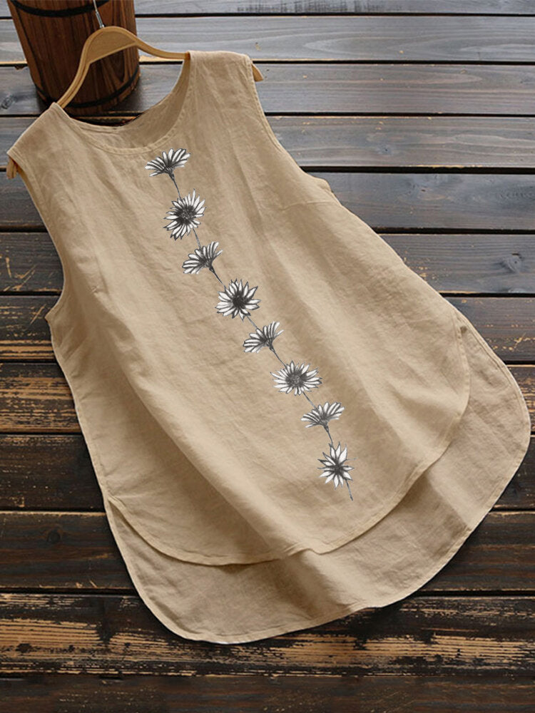 Women's Summer Daisy Print Sleeveless Round Neck Cotton Linen Small Vest/suspenders/tube Top