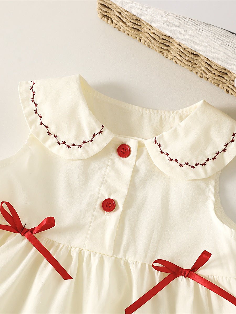 Children's Summer Doll Collar Lapel Bow Cartoon Cat Embroidery Western Children's Dress