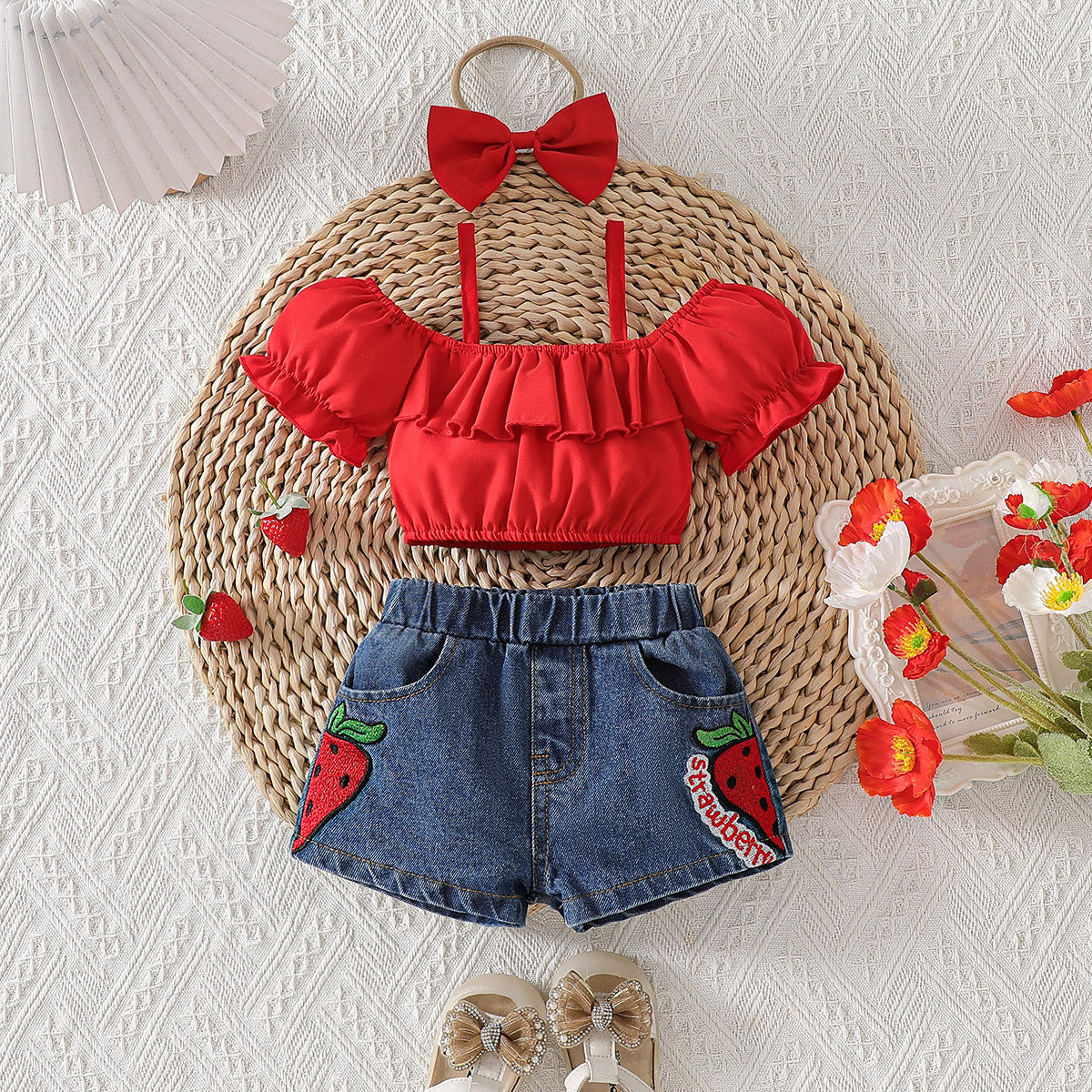 Leaf Sling Top Strawberry Embroidered Short Denim With Children's Suit