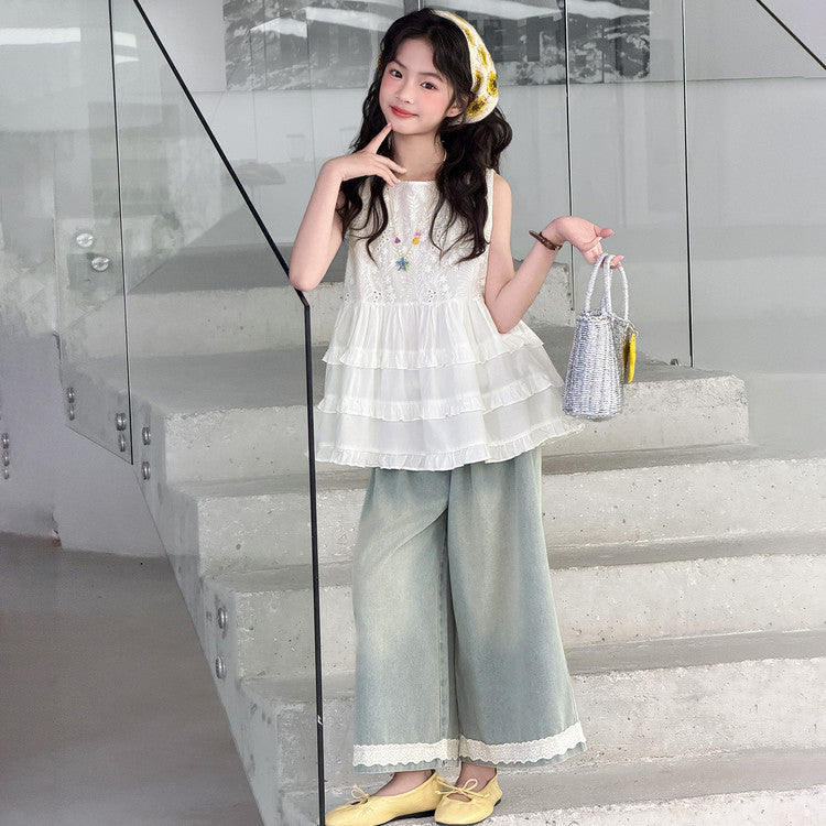 Blouse Jeans Summer Middle Big Shirt Top Wide Children's Suit