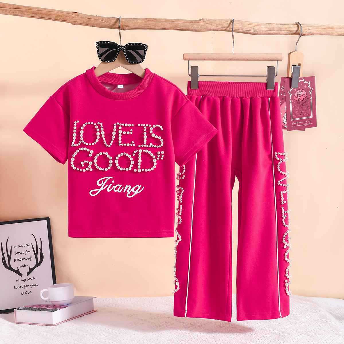 Design Sense Pearl Letter Short Sleeve Children's Suit