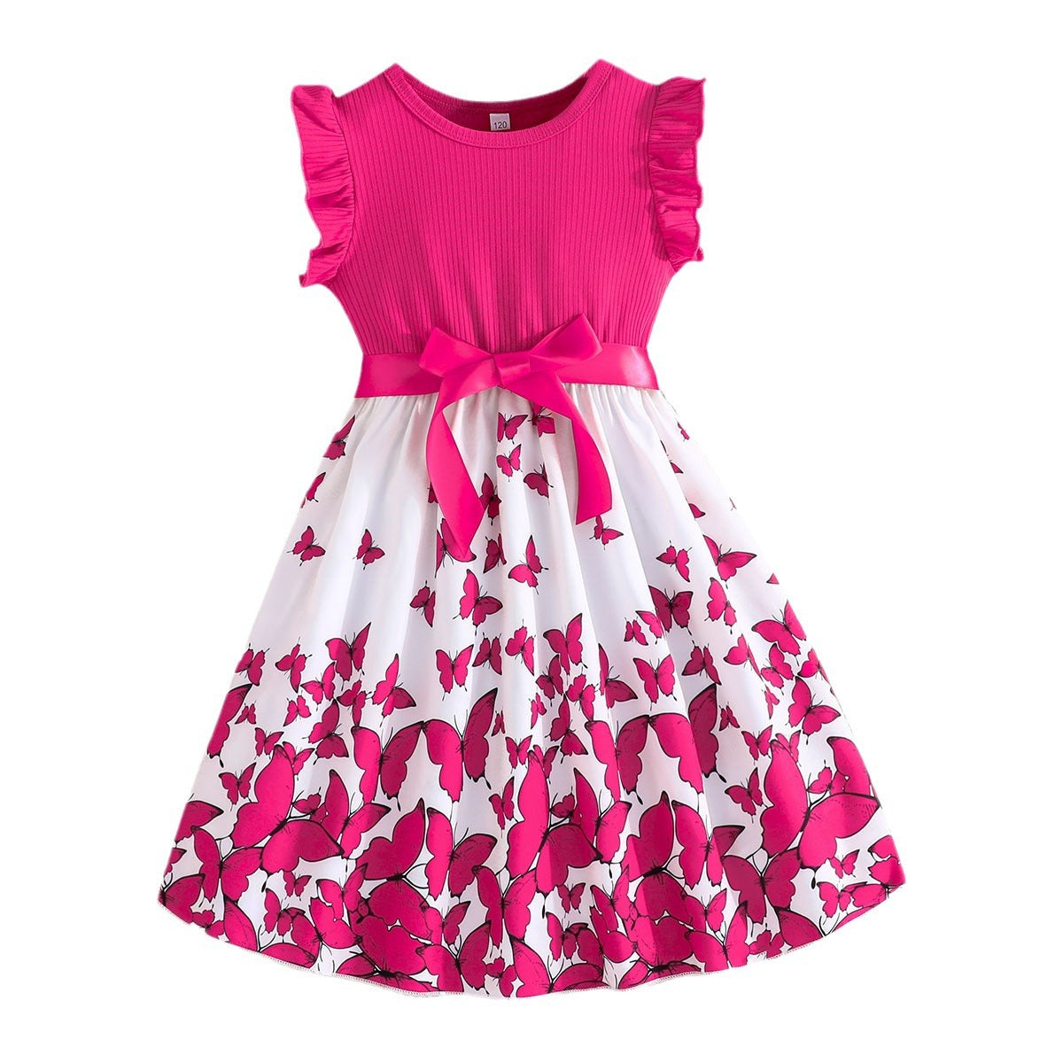 Short-sleeved Flounced Sleeve Sunken Stripe Stitching Butterfly Children's Dress
