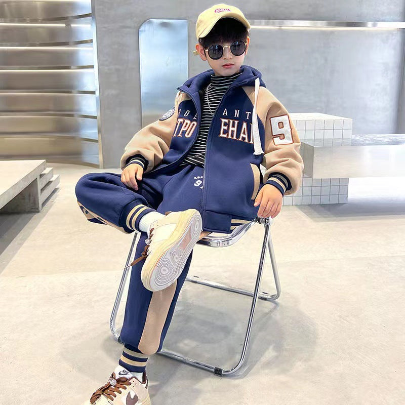 Clothing Medium Large Winter Fleece-lined Thickened Cool Handsome Children's Suit
