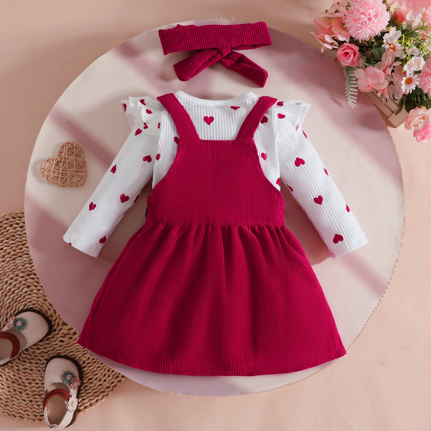 Set Long Sleeve Love Triangle Rompers Corduroy Suspender Skirt Children's Suit