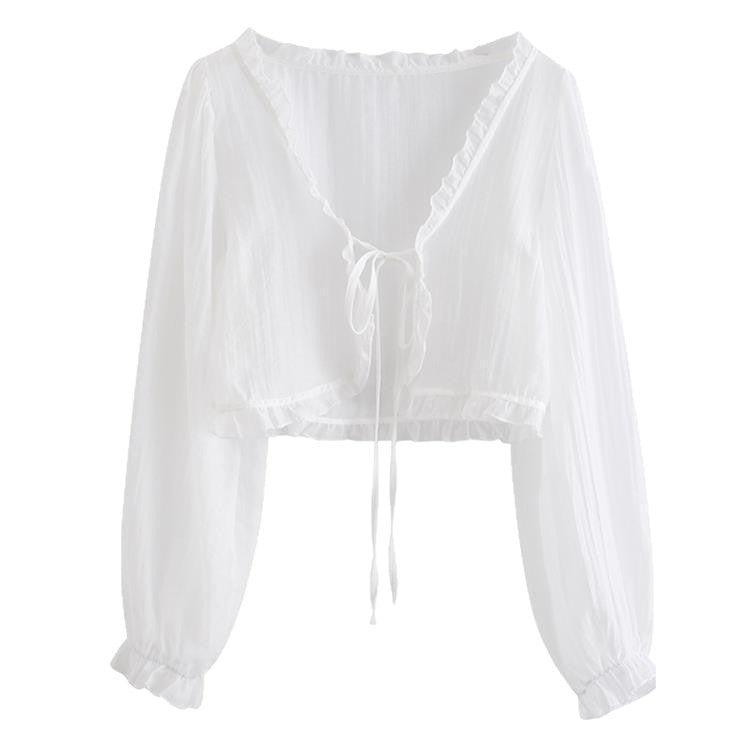 Women's Small With Suspenders Thin Shawl Outerwear Cover-up Lace Shirt, Chiffon Shirt
