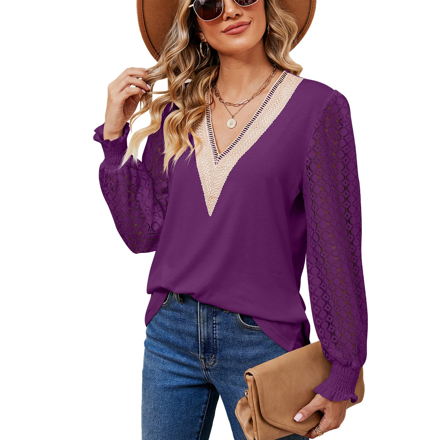 Attractive Women's Lace Patchwork Loose Long-sleeved Women's T-shirt