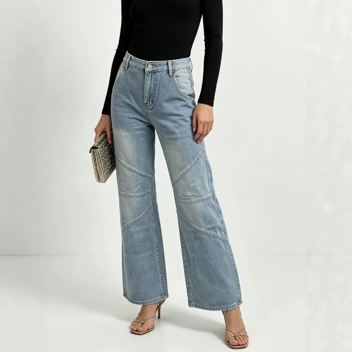 Women's Fashionable Pleated Washed High Street Straight Women's Jeans