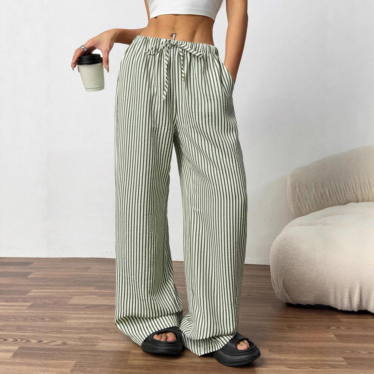 Women's Contrast Color Striped Loose High Waist Pants