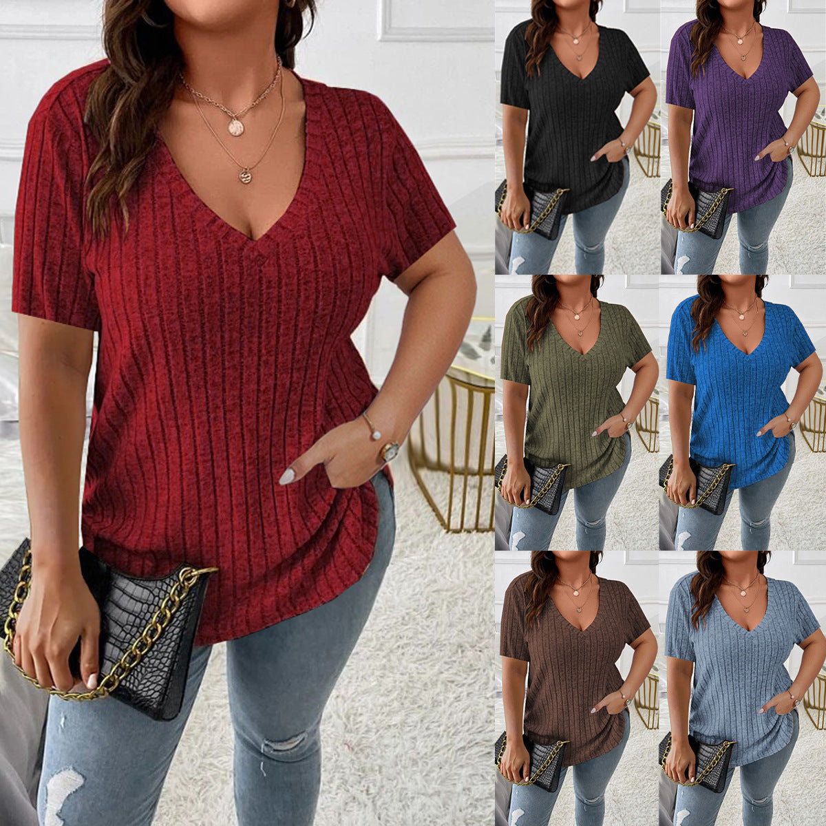 Women's Solid Color Elegant Sunken Stripe Sleeve Women's T-shirt