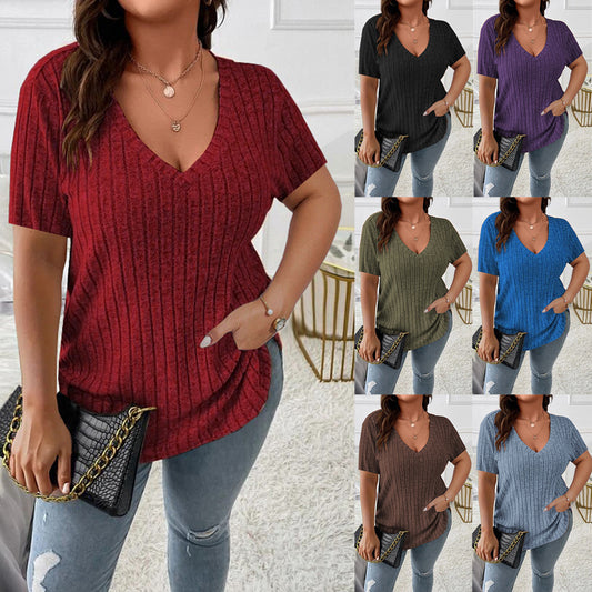 Women's Solid Color Elegant Sunken Stripe Sleeve Women's T-shirt