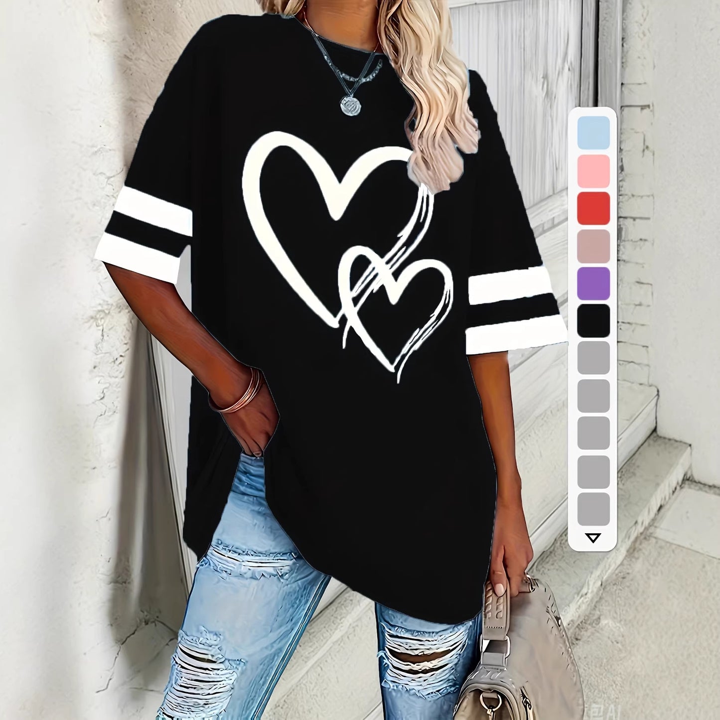 Women's Casual Sleeve Love Elegant Comfortable Pullover Large Size T-shirt