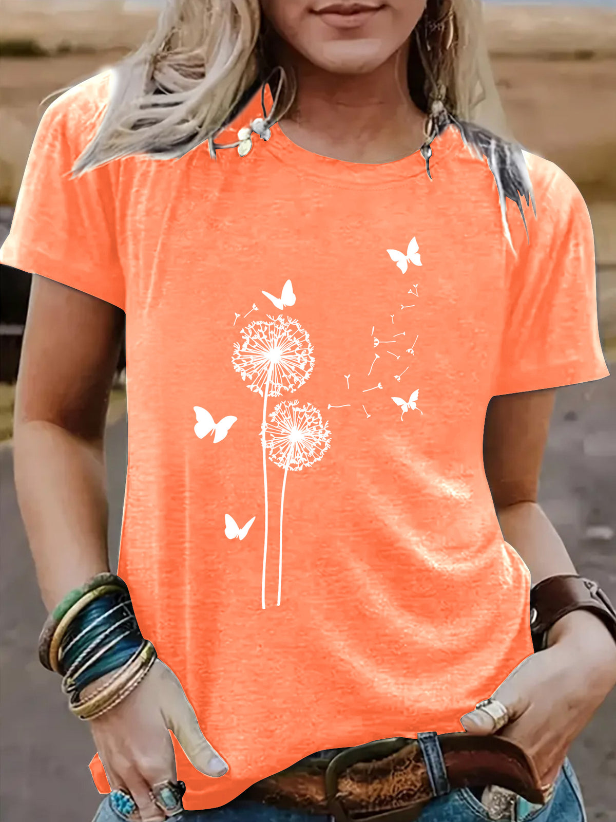 Women's Dandelion Pattern Round Neck Sleeve Casual Shorts