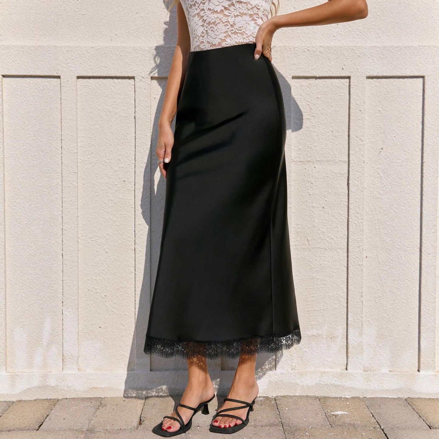Lace Satin High Waist Elastic A- Skirts