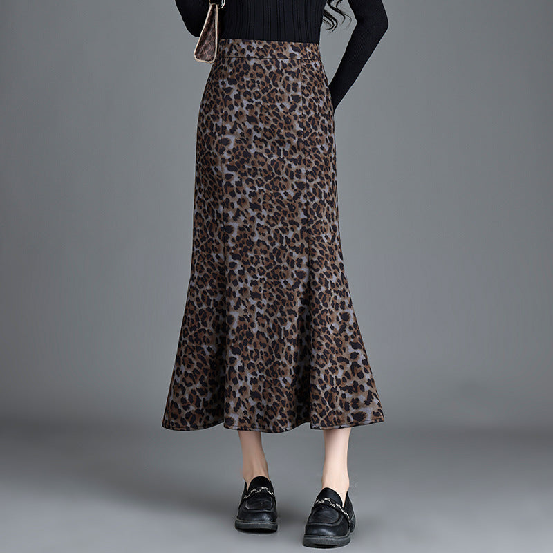 Women's Waist Slimming Leopard Print Mid-length Fishtail Temperament Dress Skirts