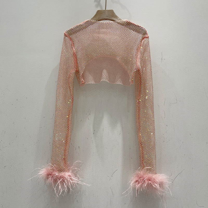 Fashion Rhinestone Long Sleeve Shiny Cuff Ostrich Tops