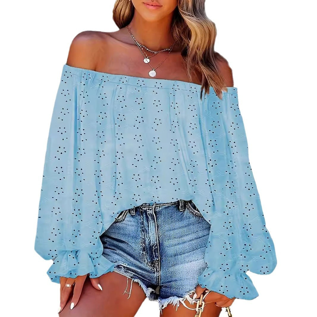 Women's Lantern Sleeve Long Always Collar Lace Shirt, Chiffon Shirt
