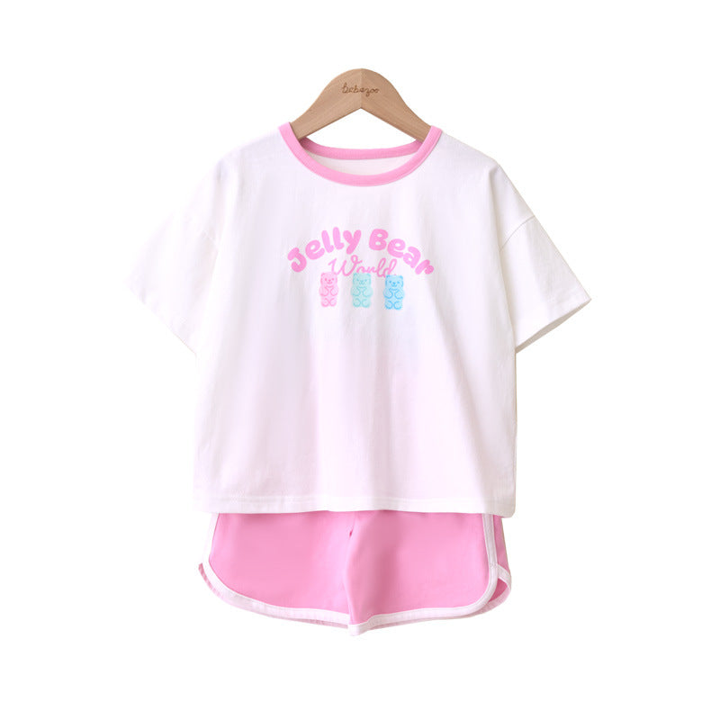 Children's Solid Color Bear Printing Two Casual Fashion Fashionable Short Children's Suit