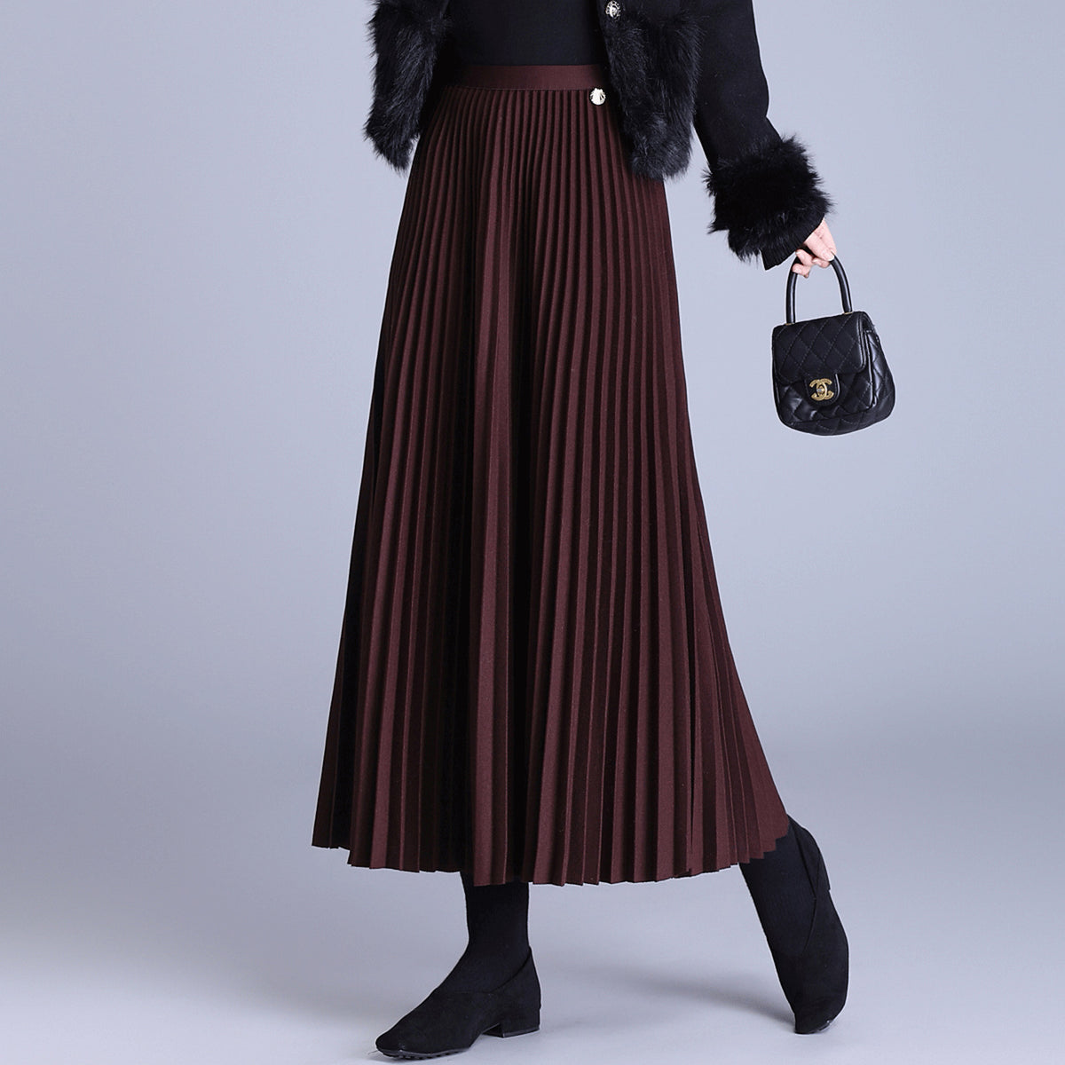 Thick Wool Pleated Female Dress High Waist Drape Elastic Skirts
