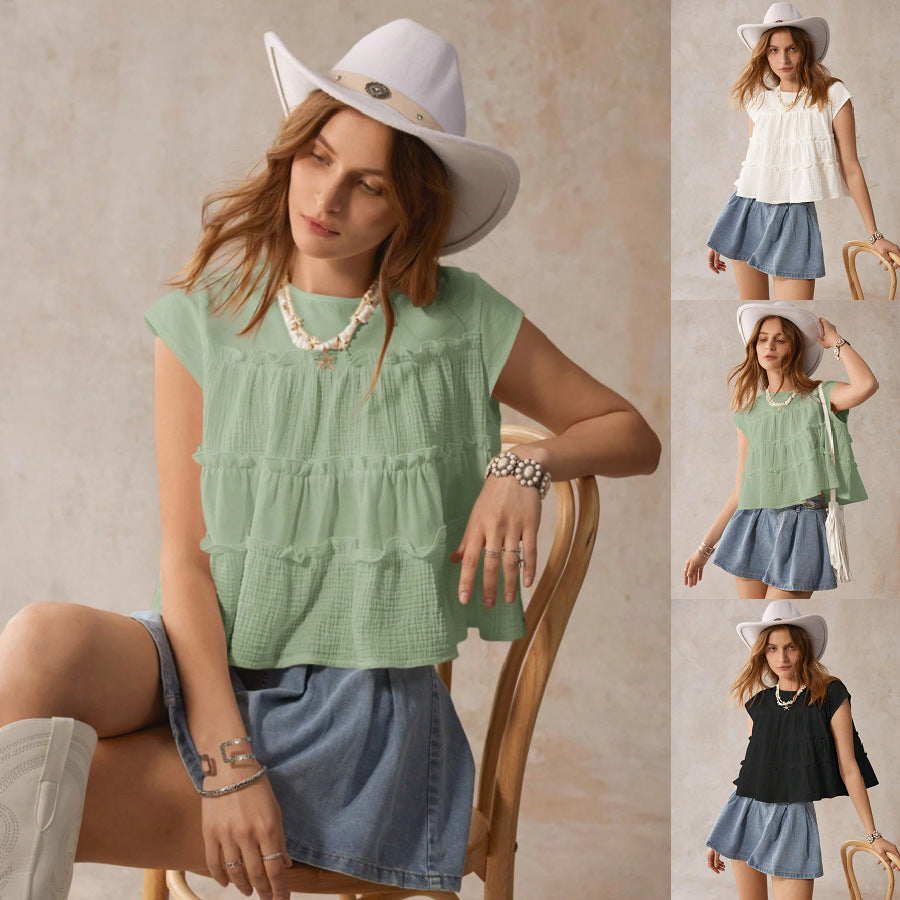 Women's Summer Loose All Cotton Stitching Doll Blouse