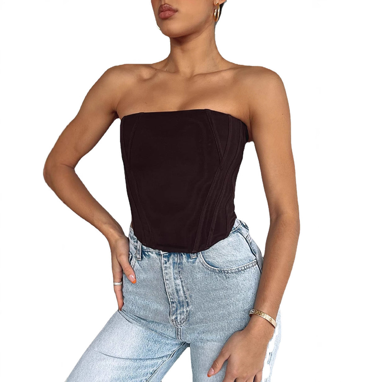 Women's Fishbone Summer Tube Strapless Solid Color Zipper Small Vest/suspenders/tube Top