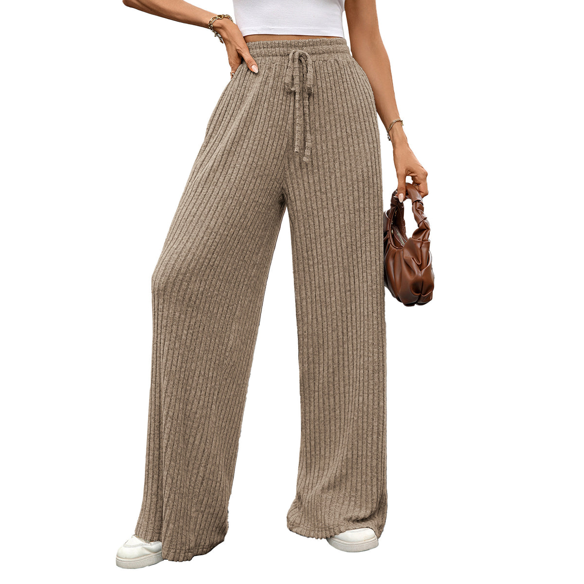 Solid Color Drawstring Sunken Stripe Brushed Elastic Casual Pants