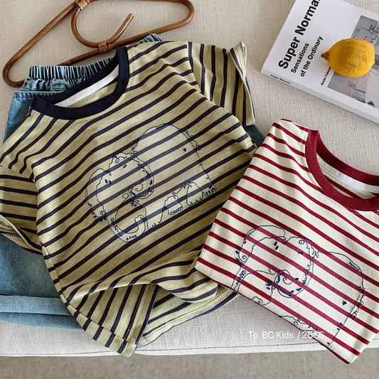 Children's Short-sleeved Summer Embroidered Elephant Striped Western Style Children's T-shirt
