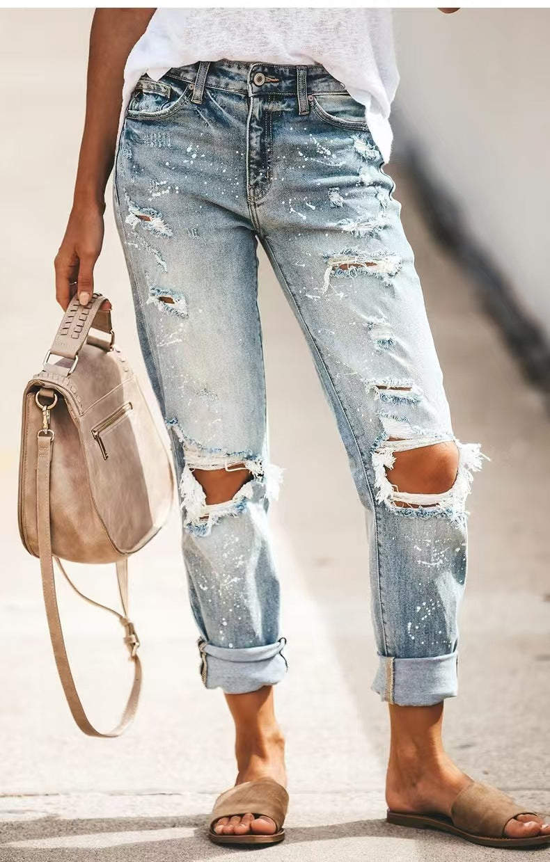 Women's Summer Stretch Water Washed Hole Straight Women's Jeans