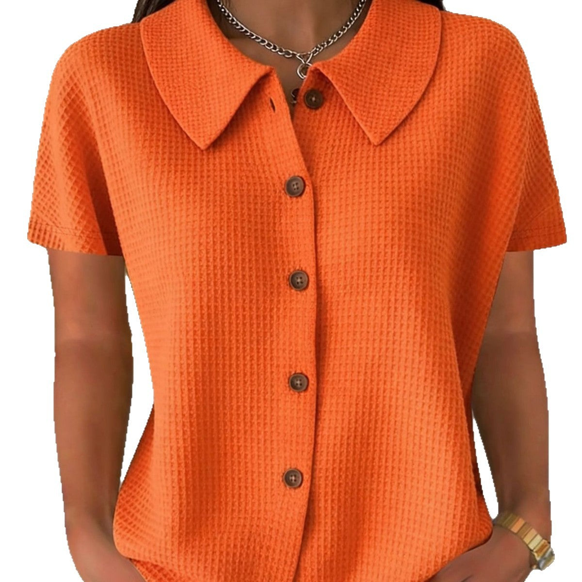 Fashion Elegant Lapel Waffle Solid Color Casual Sleeve Shorts
