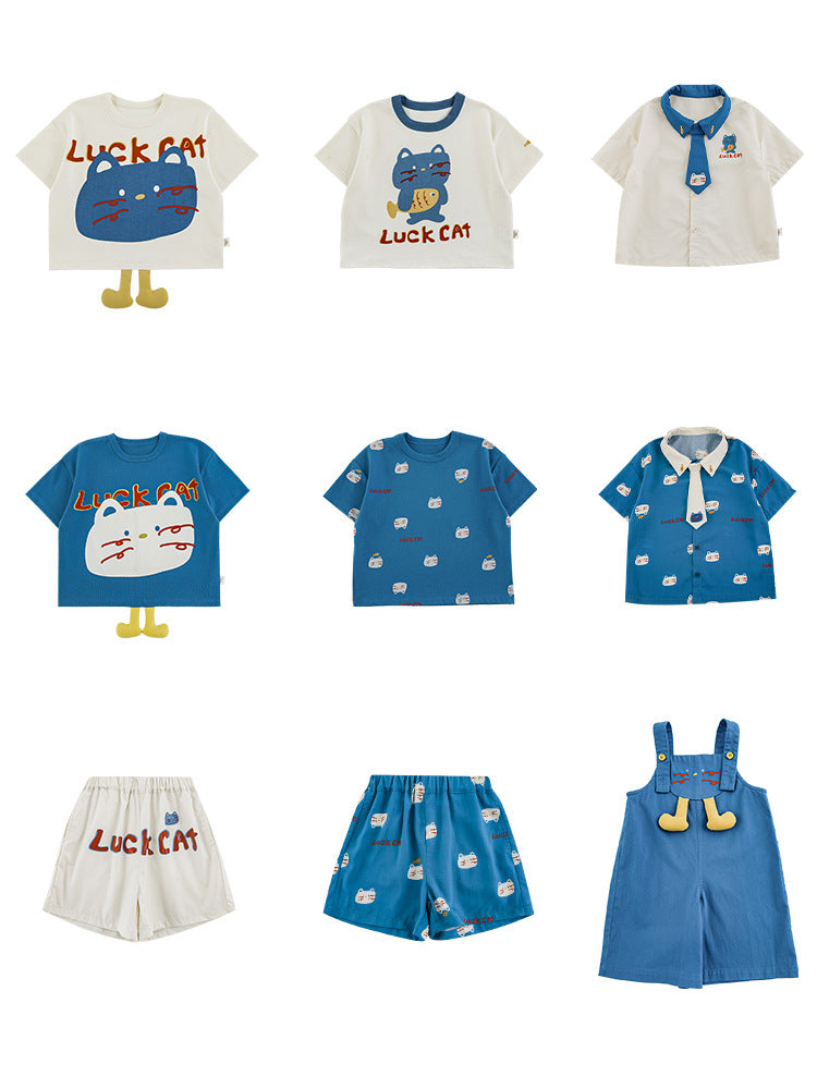 Cat Printing Short-sleeved Contrast Color Loose Shirt Cool Shorts Series Children's T-shirt