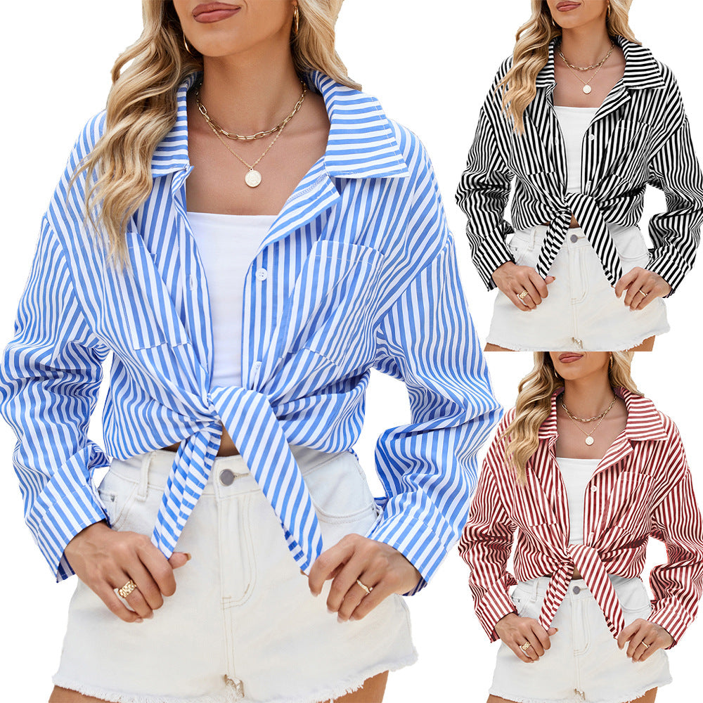 Wind Long Sleeve Loose Striped Shirt Blouse