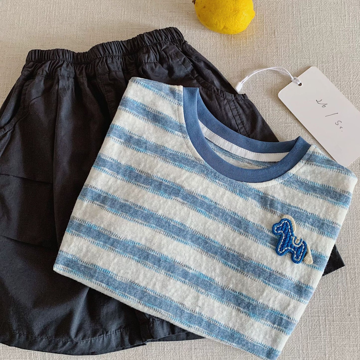 Men's & Children's Casual Striped Summer Boys Pony Embroidered Top Thin Children's T-shirt