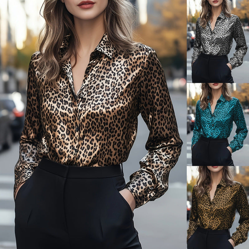 Women's Autumn Satin Printed Long-sleeved Shirt Blouse