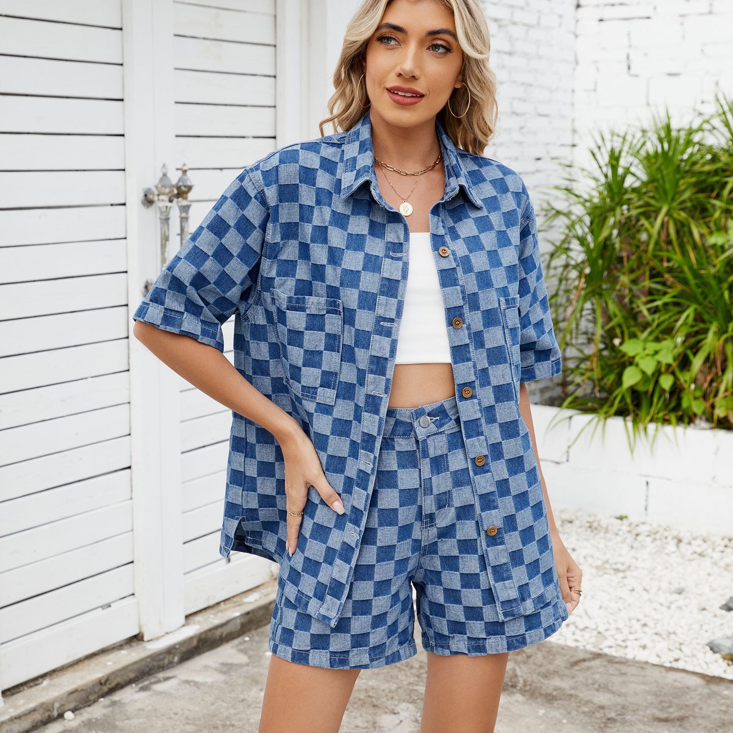 Women's Thin Washed Loose Denim Plaid Shirt Fashion Casual Suit