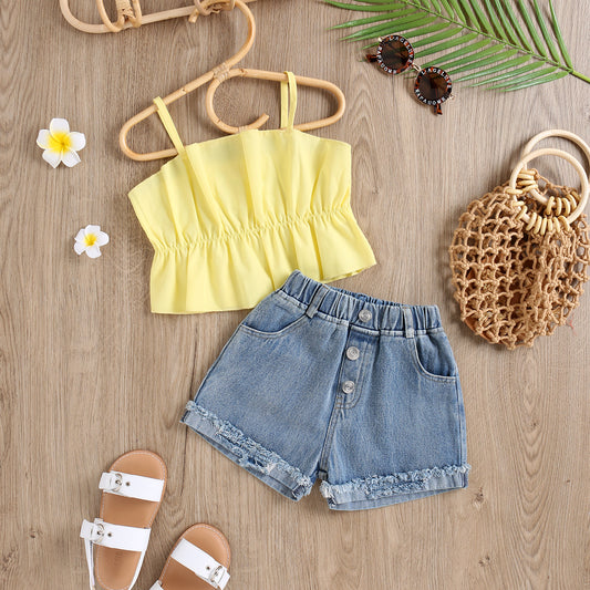 Children's Clothing Strap Pleated Three-dimensional Vest Top Washed Brushed Denim Shorts Children's Suit