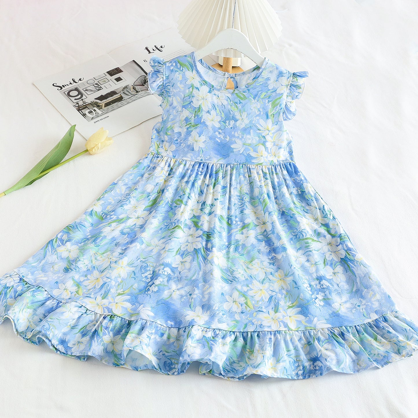 Fresh Flounced Sleeve Floral Cotton Summer Thin Cool Children's Dress