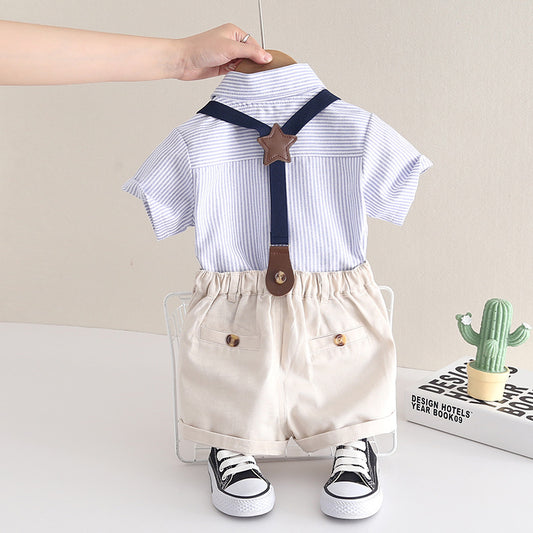 Children's Small Older Short Sleeve Summer Vertical Bar Bow Children's Suit