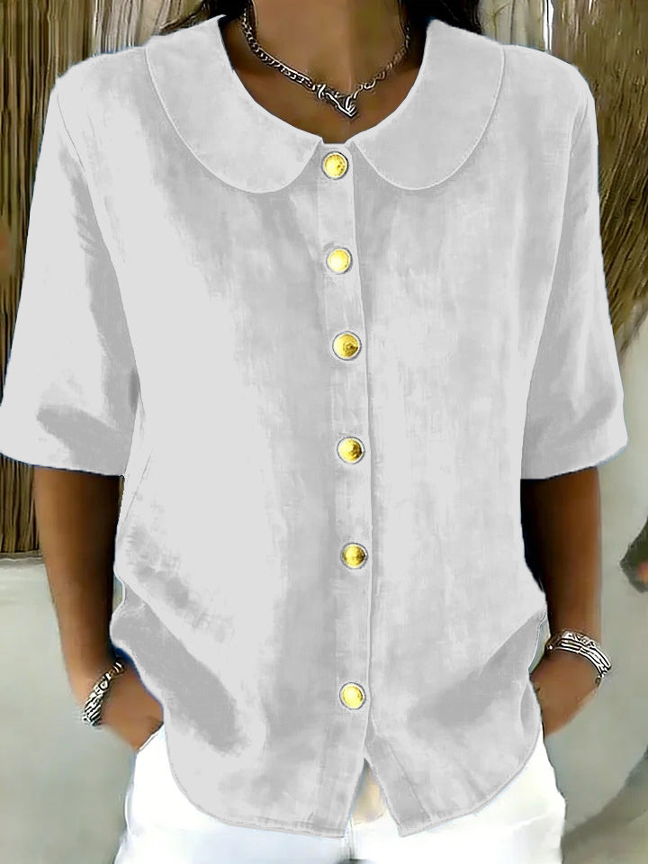 Women's Summer Elegant Fashion Button Linen Short-sleeved Blouse
