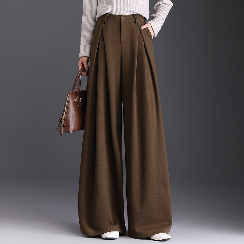 Women's Woolen High Waist Commuter Loose Cover Wide Leg Draping Casual Pants