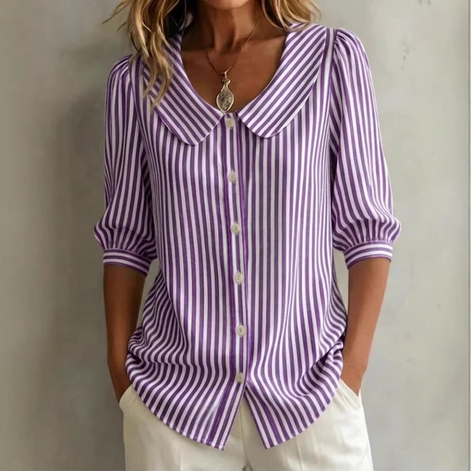 Women's Summer Doll Collar Striped Button Shirt Blouse